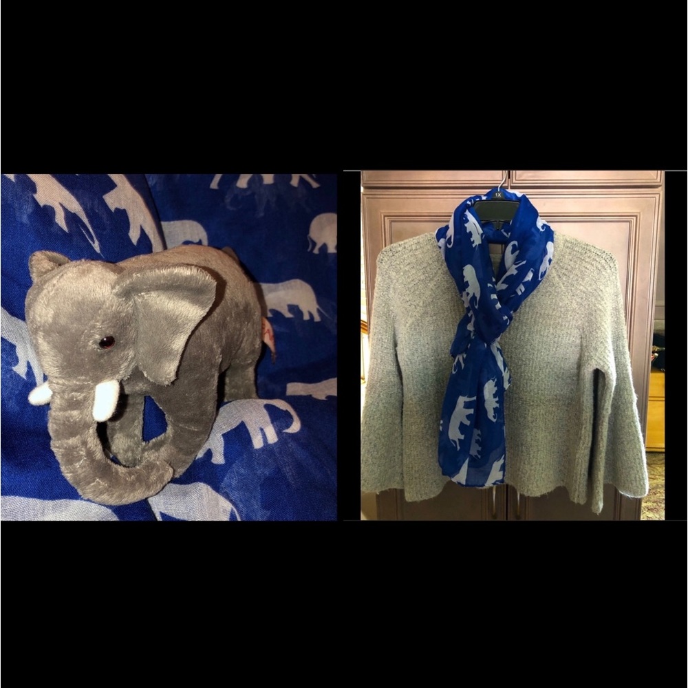 Blue and White Elephant Scarf and Gray Stuffed FAO Schwartz Elephant, NWOT